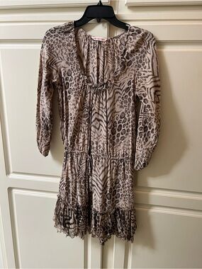Rebecca Taylor Beige and Taupe Animal-Print Ruffle Silk Dress